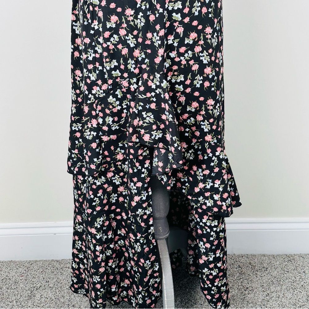 NWT Women's SZ S Floral Ruffle High-Low Maxi Skirt Black Pink White Boho Flowy